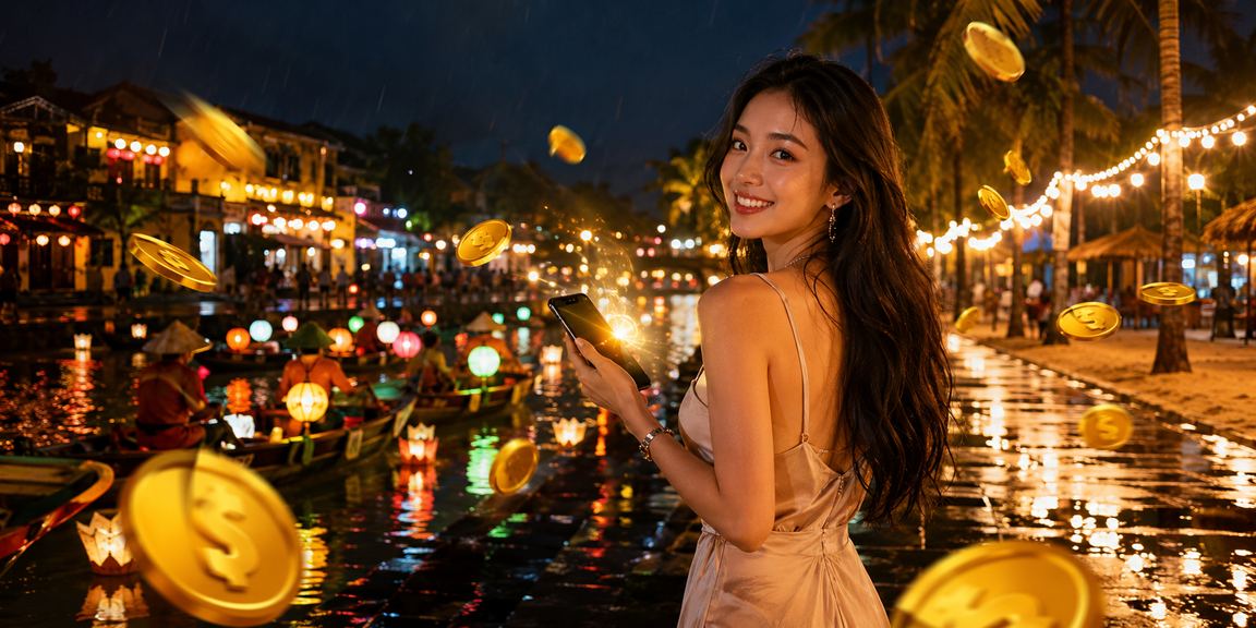 Người phụ nữ Việt Nam tại Hội An sử dụng điện thoại kiểm tra khuyến mãi casino trên ứng dụng