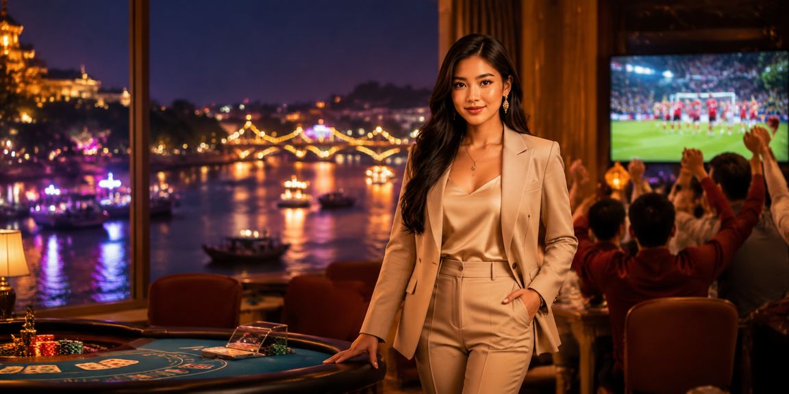 Không khí casino trực tuyến Việt Nam với điện thoại và màn hình hiển thị giao dịch tài chính